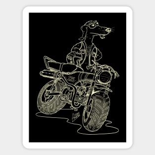 Daxhund and his motorcycle, dark shirts no background. Magnet